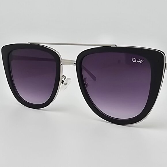 Quay Australia French Kiss Silver Black Frame Smoke Flat Lens Aviator Sunglasses - Picture 1 of 16